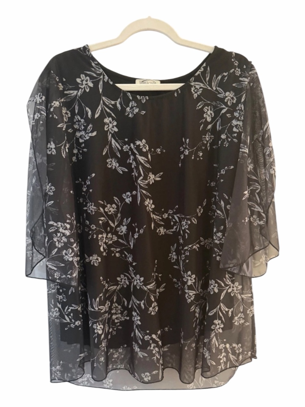 Sese Code Black Floral Sheer Chiffon Overlay Flutter Sleeve Blouse